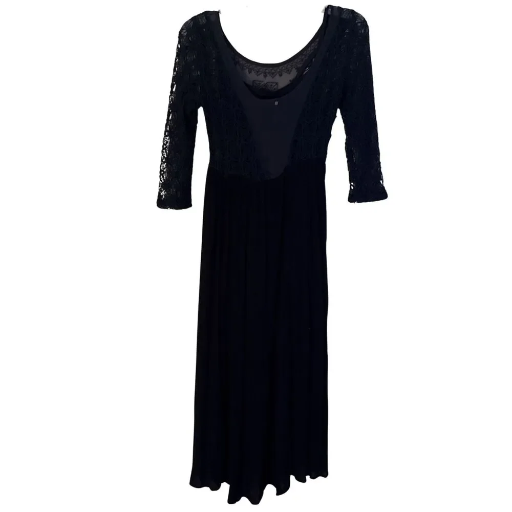 Free People Lonesome Dove Midi Dress Size 6 Black Crochet Knit Lace Whimsigoth